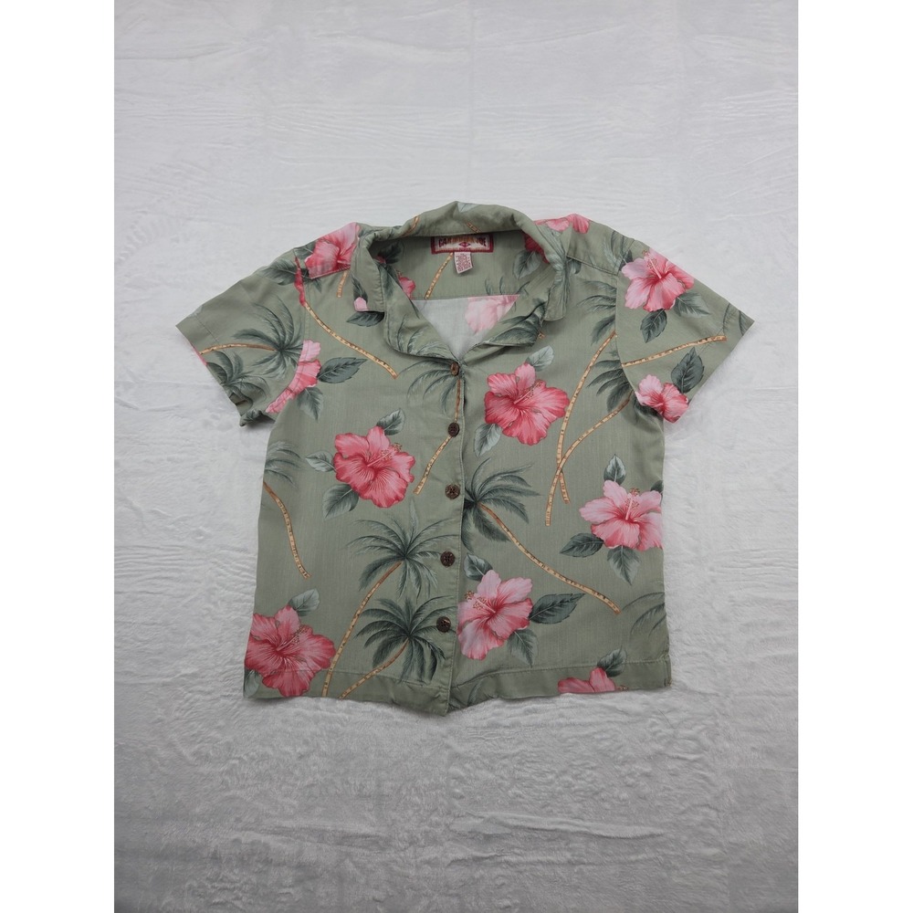 Caribbean Joe Women Size S Sage Green Pink Floral Hawaiian Button Up Shirt